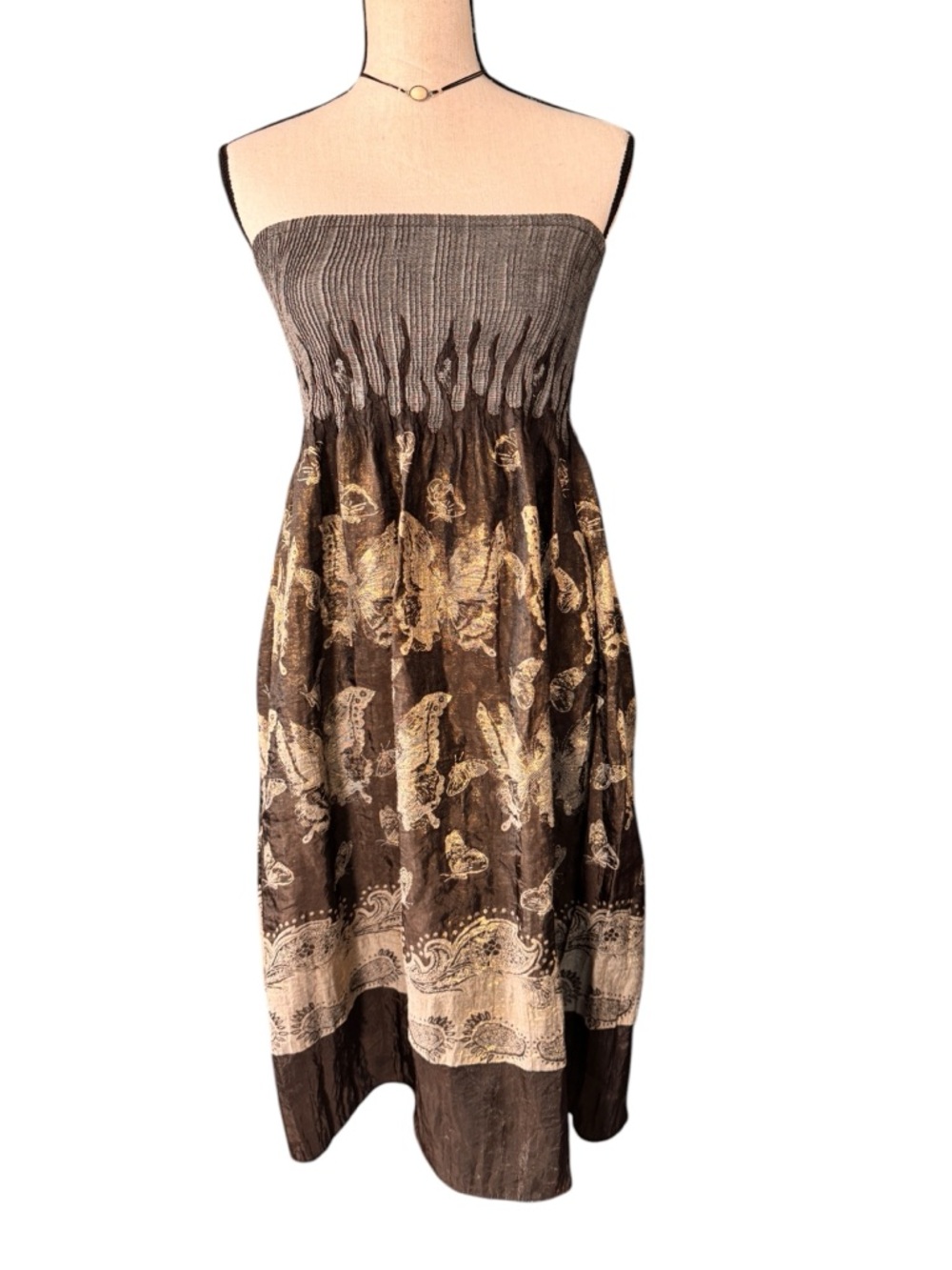 Lapis Boho Strapless Dress / Skirt Brown Butterfly Smocked OS